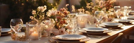 Table setting for a wedding. Glasses and plates for a romantic dinner, festive atmosphere with flowers and candles. Decor in Provencal style for the holiday with gentle colors.の素材