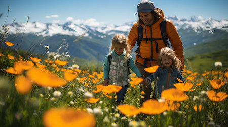 Family hike in the mountains in autumn. Activity with backpacks, yellow flowers and peak on the background. Walk and relax in nature. Recreational activitiesの素材