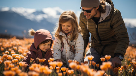 Family hike in the mountains in autumn. Activity with backpacks, yellow flowers and peak on the background. Walk and relax in nature. Recreational activitiesの素材