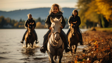 Horseback riding, family active recreation. Horse racing and goloping as entertainment. Tourism and entertainment by the lake. Even-toed ungulates and people relax in nature. Recrの素材