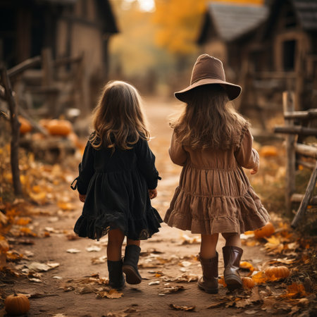 Children from the back walk along the path in costumes on Halloween. Path with pumpkin decoration. kids walk in autumnの素材