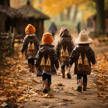Children from the back walk along the path in costumes on Halloween. Path with pumpkin decoration. kids walk in autumnの素材