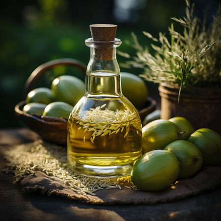 Vegetable rice oil in a glass bottle, rice grains near the container. vegetarian dressing for salads, cooking and frying. Healthy food.の素材