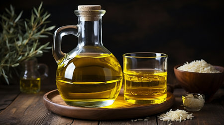 Vegetable rice oil in a glass bottle, rice grains near the container. vegetarian dressing for salads, cooking and frying. Healthy food.の素材