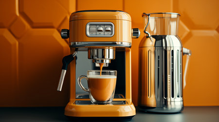 coffee machine for automatically preparing a drink. Caffeine, preparing coffee with milk under pressure barrels. Bright kitchen appliance.の素材