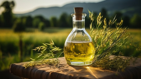 Vegetable oil in a glass bottle, rice oil is used for frying meat and seafood, and stewing vegetables. Salad preparation fat. Healthy salad dressing. Rice germ oil,の素材
