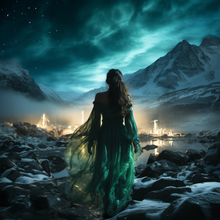 A sorceress in a beautiful green dress against the background of the northern lights and a multi-colored starry sky, concept: illustration of a magical atmosphere, dreamsの素材