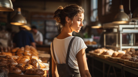 A female baker in uniform in a bakery stands with her back among the shelves with bread and rolls for sale. Production of bread and buns. Visitor in the storeの素材
