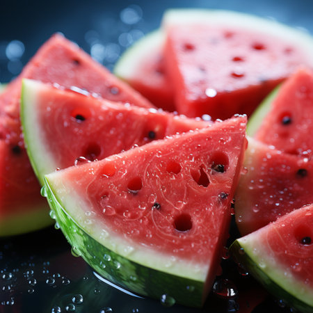watermelon with red pulp and seeds cut into portions. Summer delicious juicy fruit and large berry. Restaurant serving.の素材