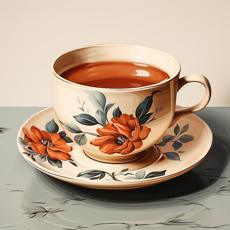 tea, delicious hot drink in a cup with lemon, mockup, promo banner for advertising. Minimalistic background with tea leaves. copy space. Green and black teaの素材