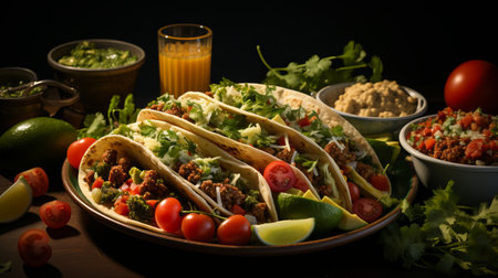 Mexican tortilla, products flatlay, pita stuffing, meat and vegetables, banner with place for text. Concept: Quick bite, fast food dishの素材