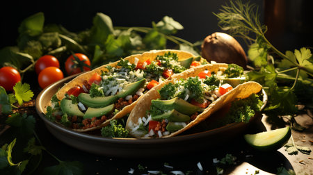 Mexican tortilla, products flatlay, pita stuffing, meat and vegetables, banner with place for text. Concept: Quick bite, fast food dishの素材