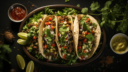 Mexican tortilla, products flatlay, pita stuffing, meat and vegetables, banner with place for text. Concept: Quick bite, fast food dishの素材