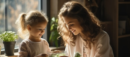 Mother and child do household chores together, creating coziness together with the toddler. Child development at home. Hobbies and passionの素材