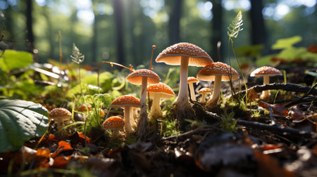 Fly agaric, a mushroom growing in the forest with a red cap and white dots. Dangerous poisonous hallucinogenic food. Narcotic natural plant. Not safe for life.の素材