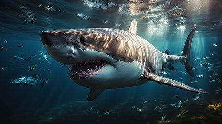 The white shark swims in the ocean in search of food. Danger bite from predator in sea and ocean, dangerous toothy fishの素材