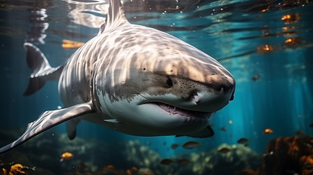 The white shark swims in the ocean in search of food. Danger bite from predator in sea and ocean, dangerous toothy fishの素材