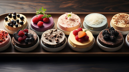 Sweet pastries with berries. Various assortment in the confectionery. Mousse cake with sponge cake and cream. Elegant decoration by the pastry chef. Place for copy space, bannerの素材