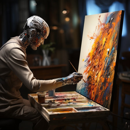 A robot with artificial intelligence creates a picture, modern art and painting performed by a machine. Concept: Illustration of applications for robotic creativity generation.の素材