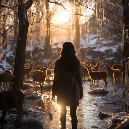 A teenager from behind in a winter forest among deer. Sun rays, Walk among animals in the far north. Places of reindeer herding and breeding. Animals in the wildの素材