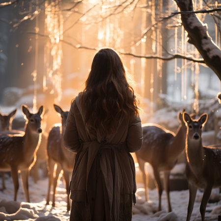 A teenager from behind in a winter forest among deer. Sun rays, Walk among animals in the far north. Places of reindeer herding and breeding. Animals in the wildの素材