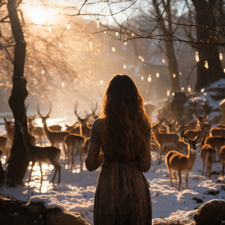 A teenager from behind in a winter forest among deer. Sun rays, Walk among animals in the far north. Places of reindeer herding and breeding. Animals in the wildの素材