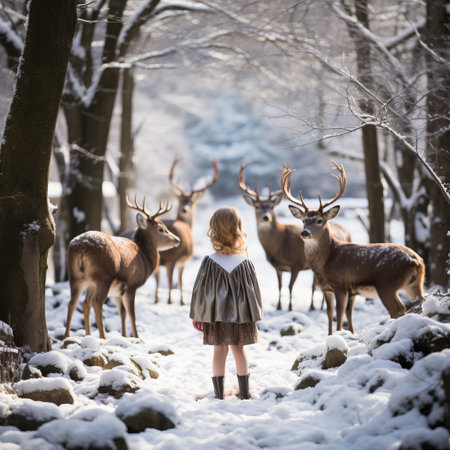 A teenager from behind in a winter forest among deer. Sun rays, Walk among animals in the far north. Places of reindeer herding and breeding. Animals in the wildの素材