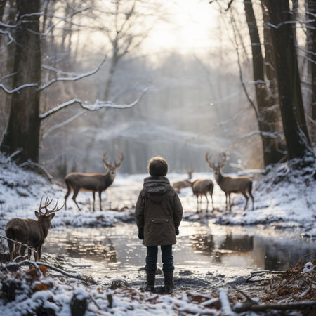A teenager from behind in a winter forest among deer. Sun rays, Walk among animals in the far north. Places of reindeer herding and breeding. Animals in the wildの素材