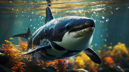 Killer whale, marine mammal washed ashore. A large representative of cetaceans. A scary animal that needs help. Endangered species of marine life. Concept: animal protectionの素材