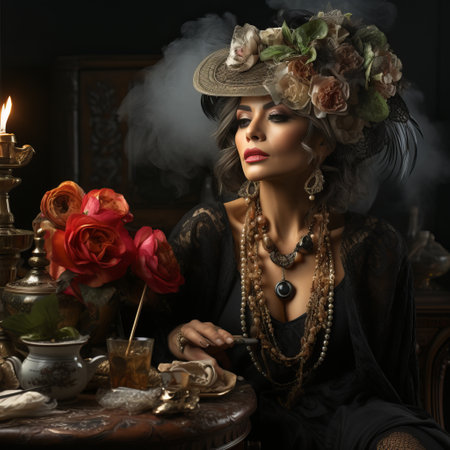 Beautiful stylish adult woman model indoors sitting in a chair. Expensive clothes with large jewelry. Retro style on a girlの素材