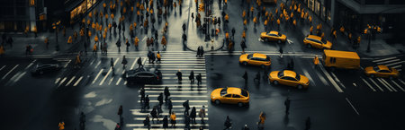 A crowd of people walks through the intersection. There is a lot of pedestrian traffic, a flow of people going about their business in the city. A city filled with people. Top viewの素材