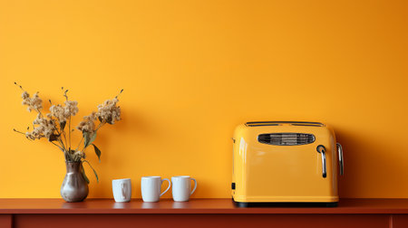 Yellow bread toaster on a yellow minimalistic background. Free space for copy spaceの素材