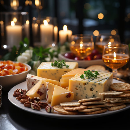 Christmas dinner table full of cheese platters and snacks, New Year's decor with a Christmas tree in the background, festive home atmosphere, table setting.の素材