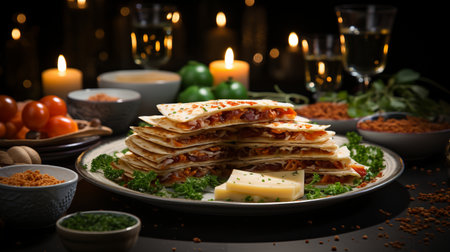 Christmas dinner table full of cheese platters and snacks, New Year's decor with a Christmas tree in the background, festive home atmosphere, table setting.の素材