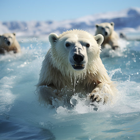 White polar bear among snow and ice. A family of northern bears, they are also called oshkuy, nanuk or umka. representatives of the clubfoot family. Predatory animal in the wildの素材
