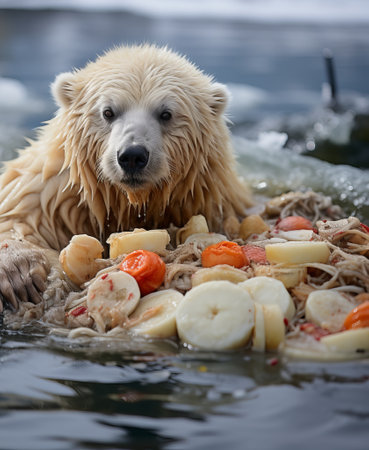 White polar bear among snow and ice. A family of northern bears, they are also called oshkuy, nanuk or umka. representatives of the clubfoot family. Predatory animal in the wildの素材