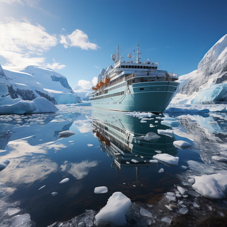 Cruise ship among glaciers. An unusual journey among the ice in the cold season. Difficult place for a boat. Snowy landscape, Concept: dangerous tourism, trip around the world on aの素材