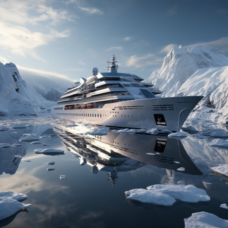 Cruise ship among glaciers. An unusual journey among the ice in the cold season. Difficult place for a boat. Snowy landscape, Concept: dangerous tourism, trip around the world on aの素材