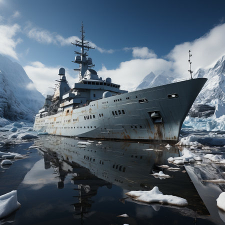 Cruise ship among glaciers. An unusual journey among the ice in the cold season. Difficult place for a boat. Snowy landscape, Concept: dangerous tourism, trip around the world on aの素材