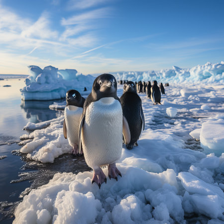 Penguin on an ice floe in the water. Large flightless bird in cold climates. Floating birds. copyspace. Concept: poster and design on the theme of the protection of animals and theの素材