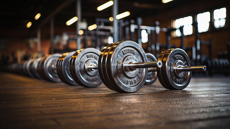 Collapsible dumbbells in the gym, equipment for sports and exercise. Spacious gym without people. Banner with space for copy space. Concept: strength and endurance exercises, weigの素材