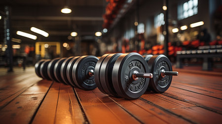 Collapsible dumbbells in the gym, equipment for sports and exercise. Spacious gym without people. Banner with space for copy space. Concept: strength and endurance exercises, weigの素材