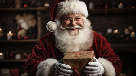 Santa Claus with a gift and champagne. Happy grandfather with a white beard. Festive character symbol of Christmas and New Year. Good-natured active old man.の素材