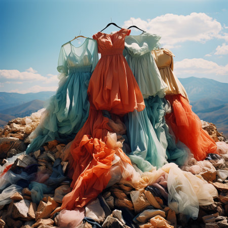 mountain of discarded clothes, textile waste, consumption problems and "fast fashion", Discarded things, pollution of the planet with synthetic productsの素材