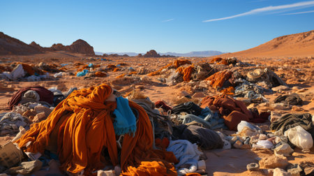 mountain of discarded clothes, textile waste, consumption problems and "fast fashion", Discarded things, pollution of the planet with synthetic productsの素材