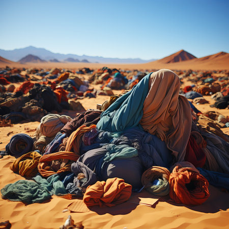 mountain of discarded clothes, textile waste, consumption problems and "fast fashion", Discarded things, pollution of the planet with synthetic productsの素材