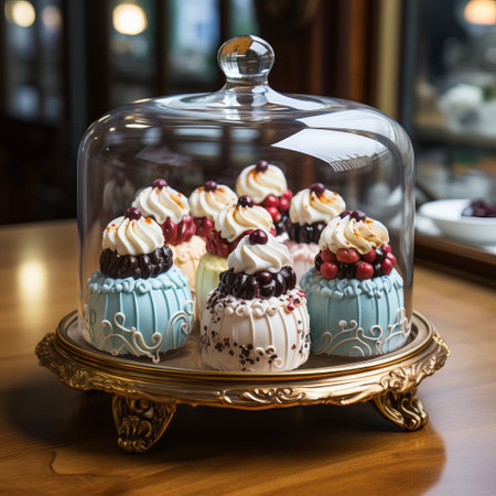 Sweet pastries with berries in the form of cake and muffins. Showcase in a pastry shop. Glass stand with eclair cakes and tartlets. refrigerator shelves with sweets. Confectioner'sの素材