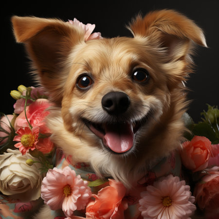 A dog in a suit of flowers. Photo session for pets. Cute animal for a postcard. Concept: clothing and accessories for dogs.の素材