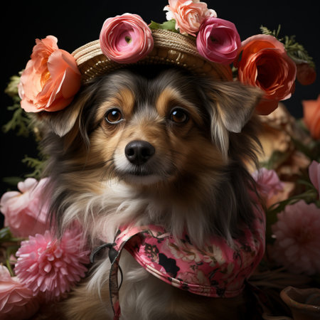 A dog in a suit of flowers. Photo session for pets. Cute animal for a postcard. Concept: clothing and accessories for dogs.の素材