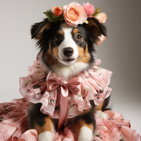 A dog in a suit of flowers. Photo session for pets. Cute animal for a postcard. Concept: clothing and accessories for dogs.の素材